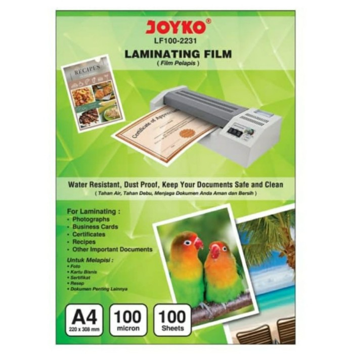 

Plastik Laminating Film A4 Joyko 100 lembar 220 x 310mm 100 Micron / Per Pak