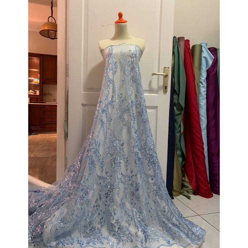 MODEL UEM836 Kain Bahan Kebaya Mewah Brokat Brukat Tile Bordir Payet Gracia Warna Biru Muda Baby Ice