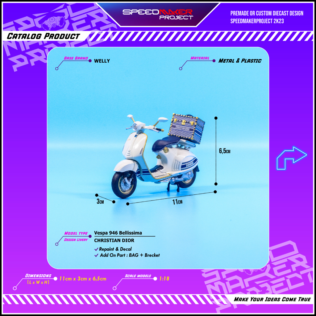 Welly Custom 2014 Vespa 946 Bellissima Christian DIOR Diecast Miniatur Motor Bike Scooter 1:18