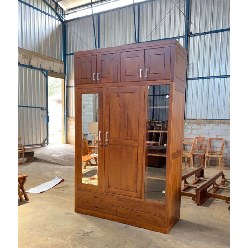 LEMARI PAKAIAN PINTU 2 KACA MINIMALIS KAYU JATI
