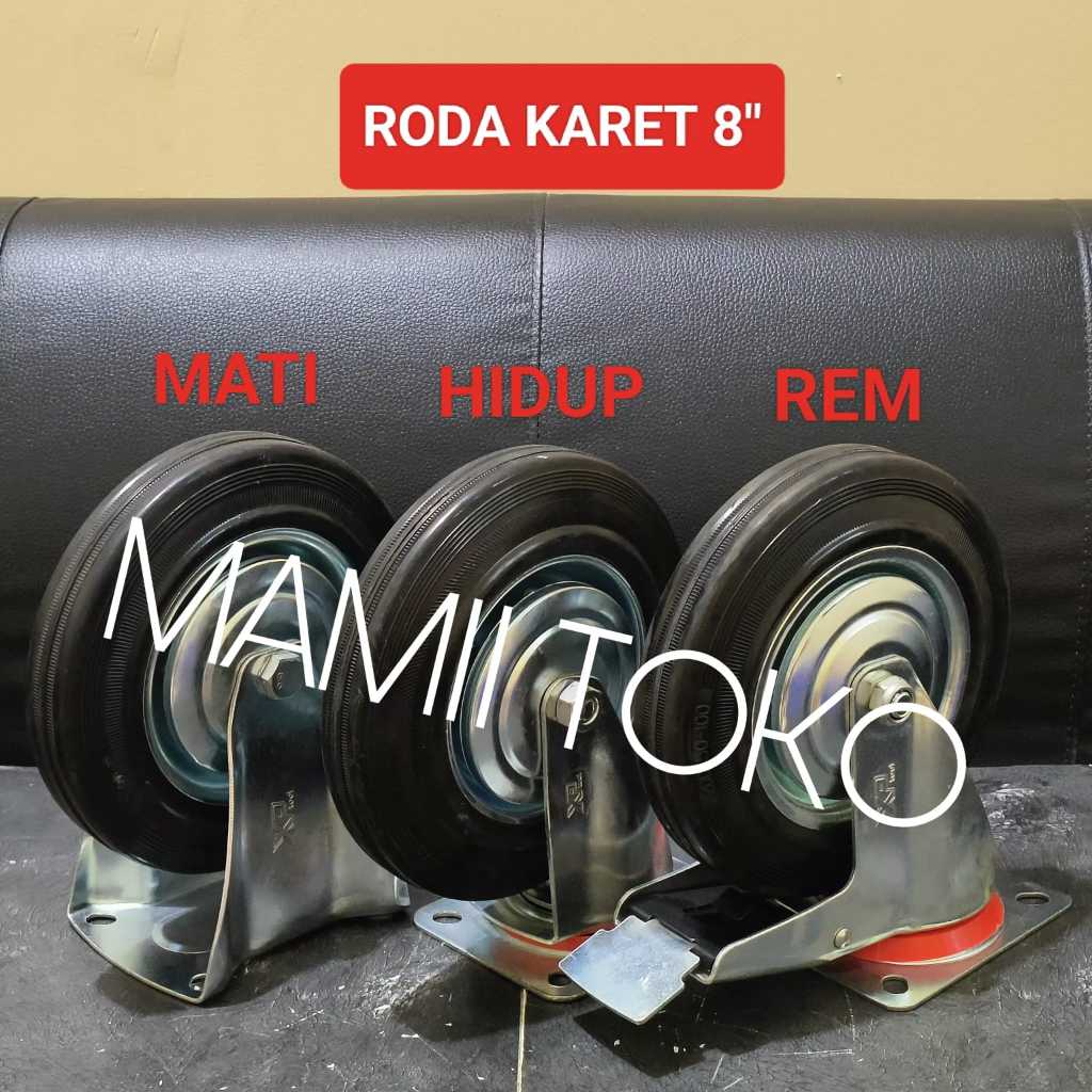 Roda troli 8 inch karet hitam Mati Hidup Rem Caster Kastor 8" Trolley