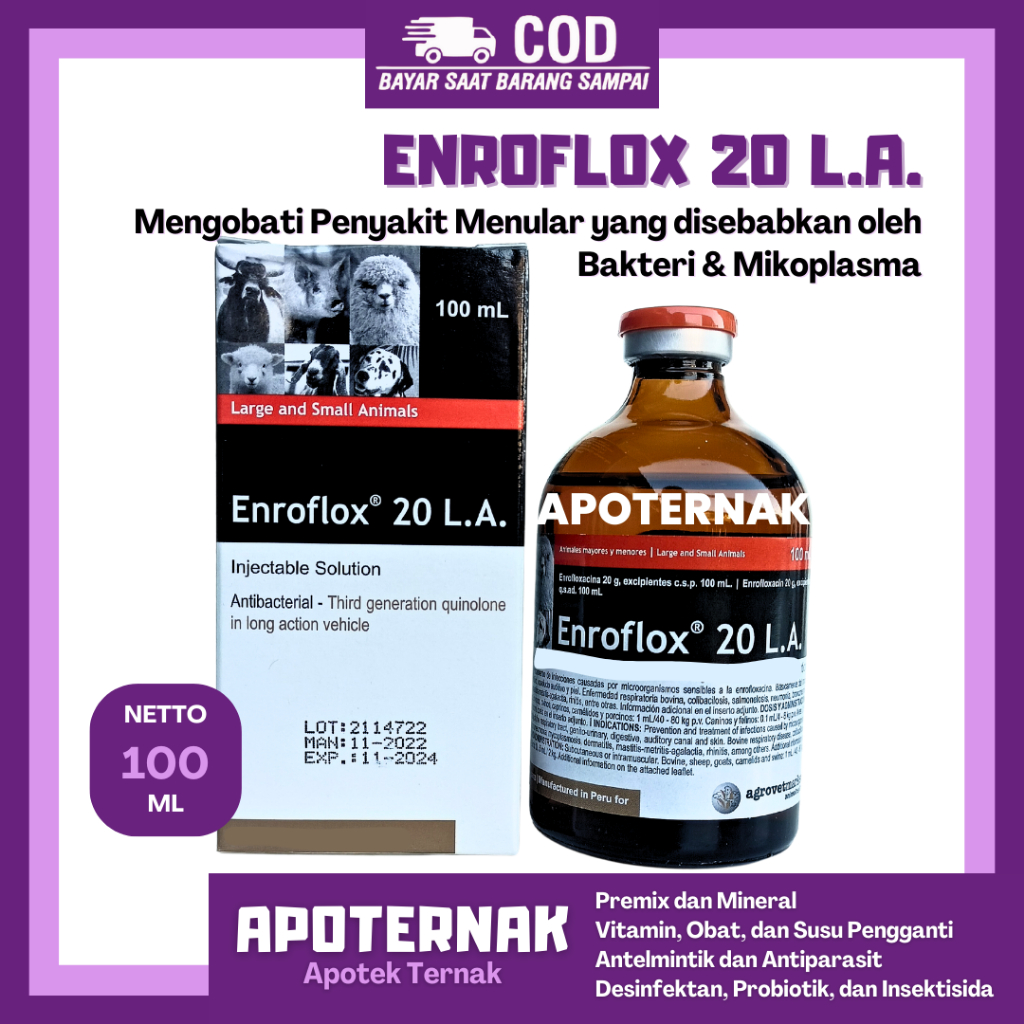 ENROFLOX 20 LA 100 ml | Obat Pernafasan Pencernaan Pendengaran & Kemih Pada Hewan Antibiotik Spektru