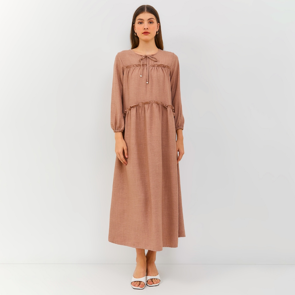 SIMPLICITY Sweet Frill Ribbon Maxi Dress / Dress Long Sleeve Casual Kancing Kerah Bulat Kondangan Be