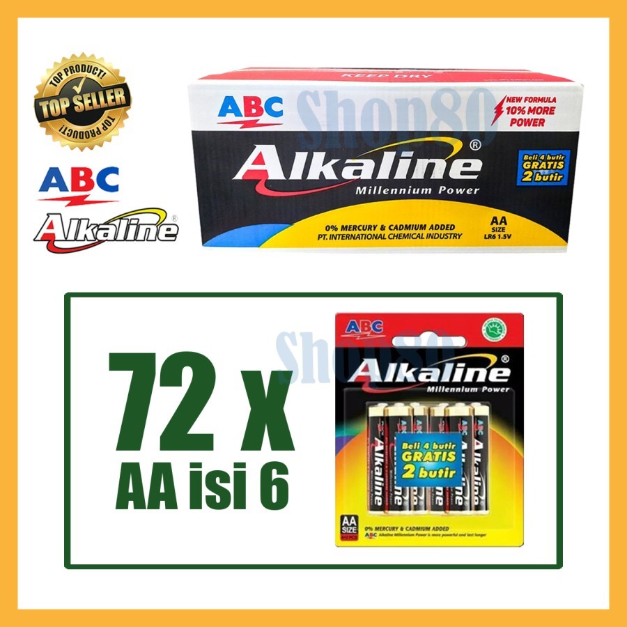 ABC Alkaline AA isi 4+2 = 6 Baterai Battery A2 Grosir 1 Karton Dus
