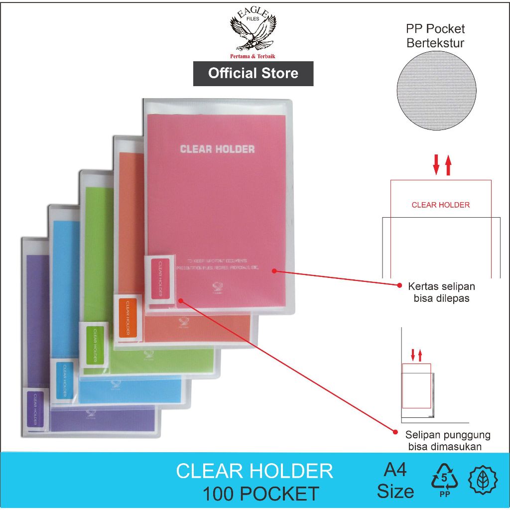 

Clear Holder 100 Pocket EAGLE A4 Dokumen Keeper Display Book Document Keeper Warna Neon E 330 A
