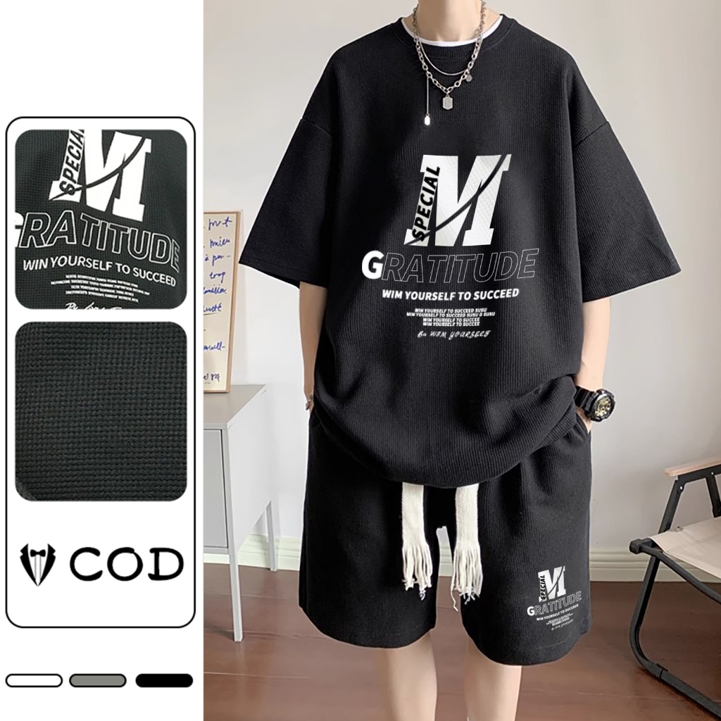 Setelan pakaian olahraga pria celana pendek hitam Putih Kaos leher bulat kaos pria baju setelan pria