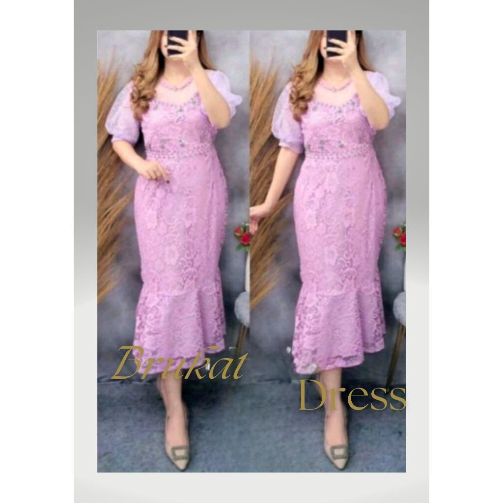 Dress Brokat Renda Dengan Lapis Furing Mode Duyung Warna Lilac