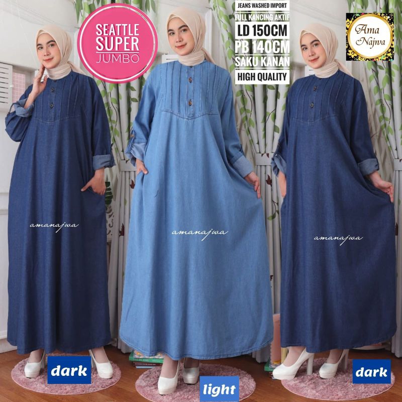 Gamis Jeans Wanita Super Jumbo Big Size Dress LD 150 Bahan Jeans Washed Import