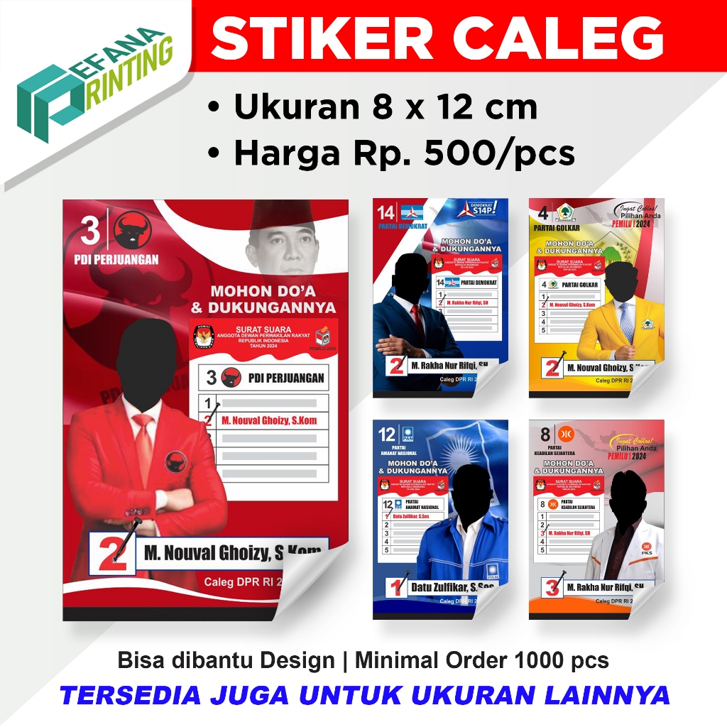 

Cetak stiker Caleg ukuran 8x12 cm | Stiker Partai Kampanye Pemilu Pilpres