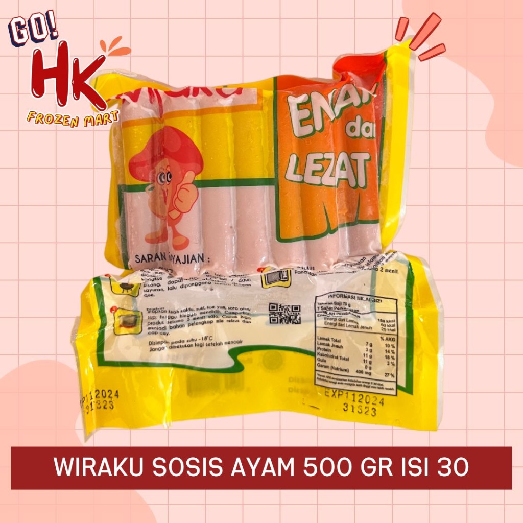 

Wiraku Sosis Ayam 500gr isi 30 pcs | Chicken sausage bakar murah bon bon salam HK Frozen Mart