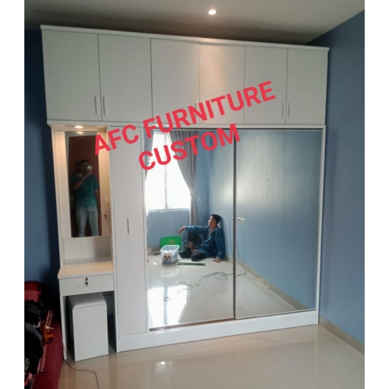 custom lemari pakaian sliding/sleding 2 pintu full cermin jumbo+lemari hijab+meja rias+lemari box at