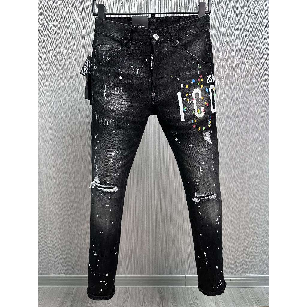 Celana Jeans Kasual Pria DSQUARED2, Celana Panjang Kasual Ramping Retro Hitam, Pas Badan Lurus, Cela