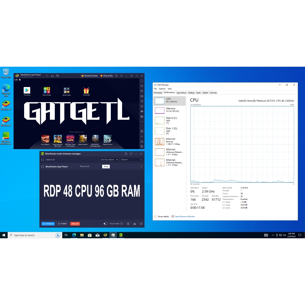 RDP Spek 48 CPU 96GB RAM Support,Emulator,Bot,OBS, & Tutor, Windows,