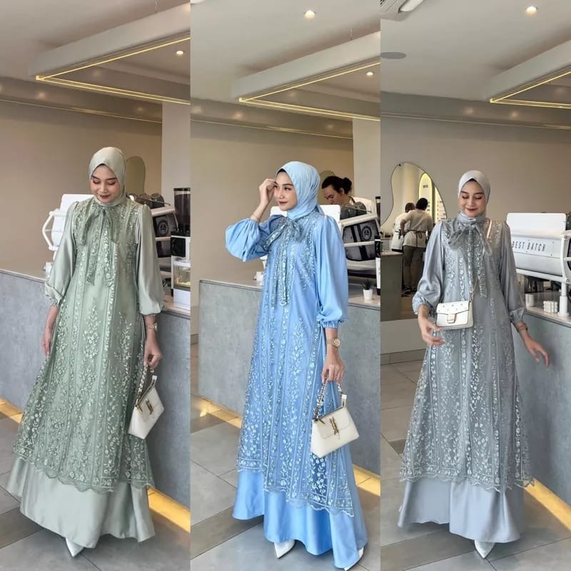 CLASSY DRESS BAHAN SATIN ROBERTO MIX BRUKAT MAXI DRESS GAMIS MUSLIM GAUN KONDANGAN DRESS BRIDESMAID 