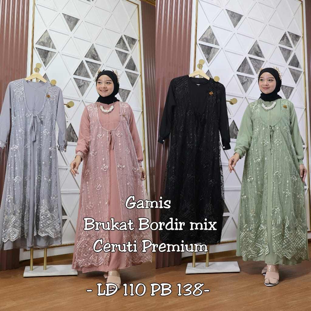 Gamis Mewah Brukat Mix Ceruty Premium/Gamis Brokat Busui Ceruty Full Puring