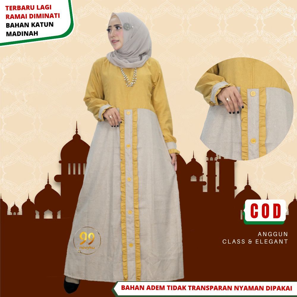 Baju Gamis Wanita Remaja Bahan Katun Madinah Kombinasi 2 Warna Terbaru Kekinian Lebaran Busui Import