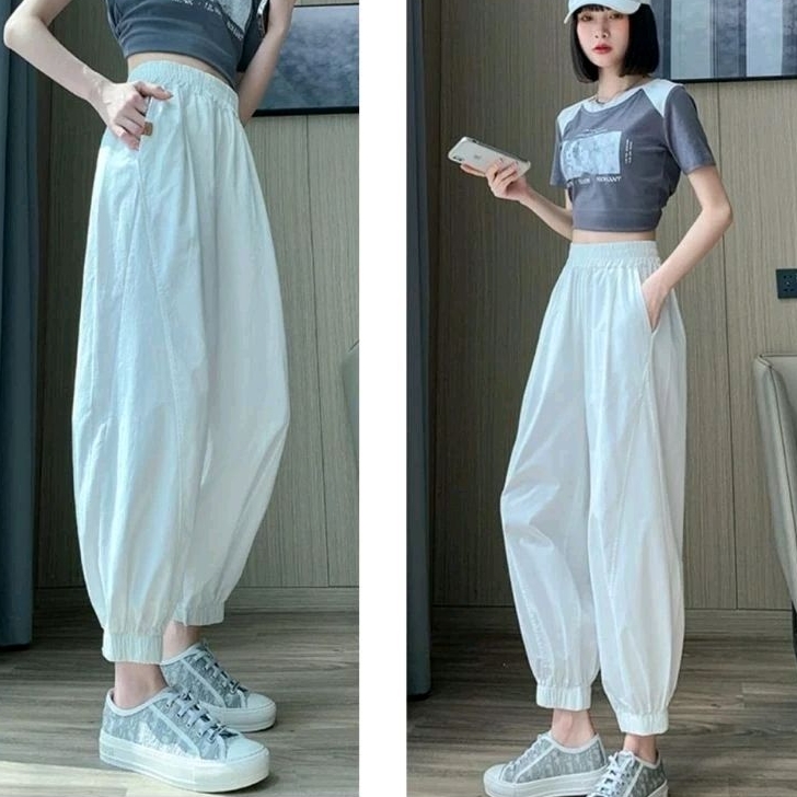 9930 Celana panjang SANDRA LOOSE JOGGER PANTS pinggang karet hitam putih pink polos Korea Korean sty