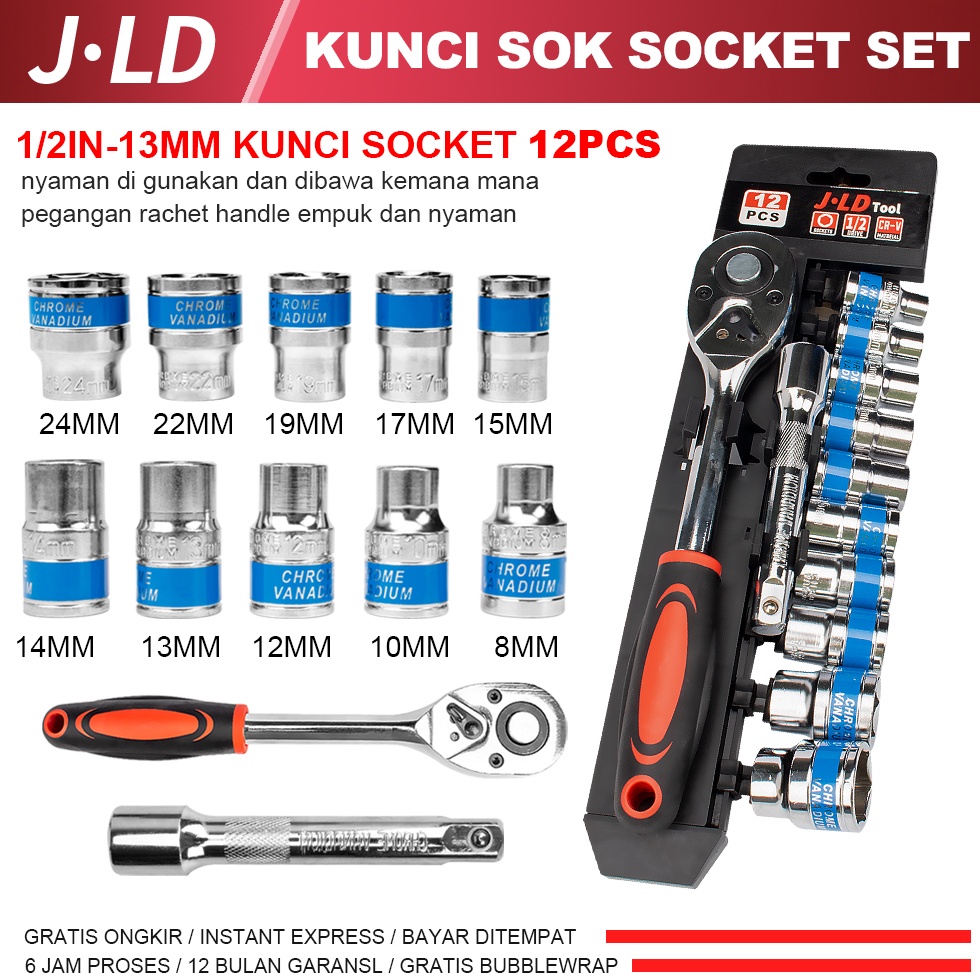 Terlaris JLD 12in Kunci Set Socket Sok CRV 12pcs Kunci Sok Wrench Rachet alat perkakas lengkap motor