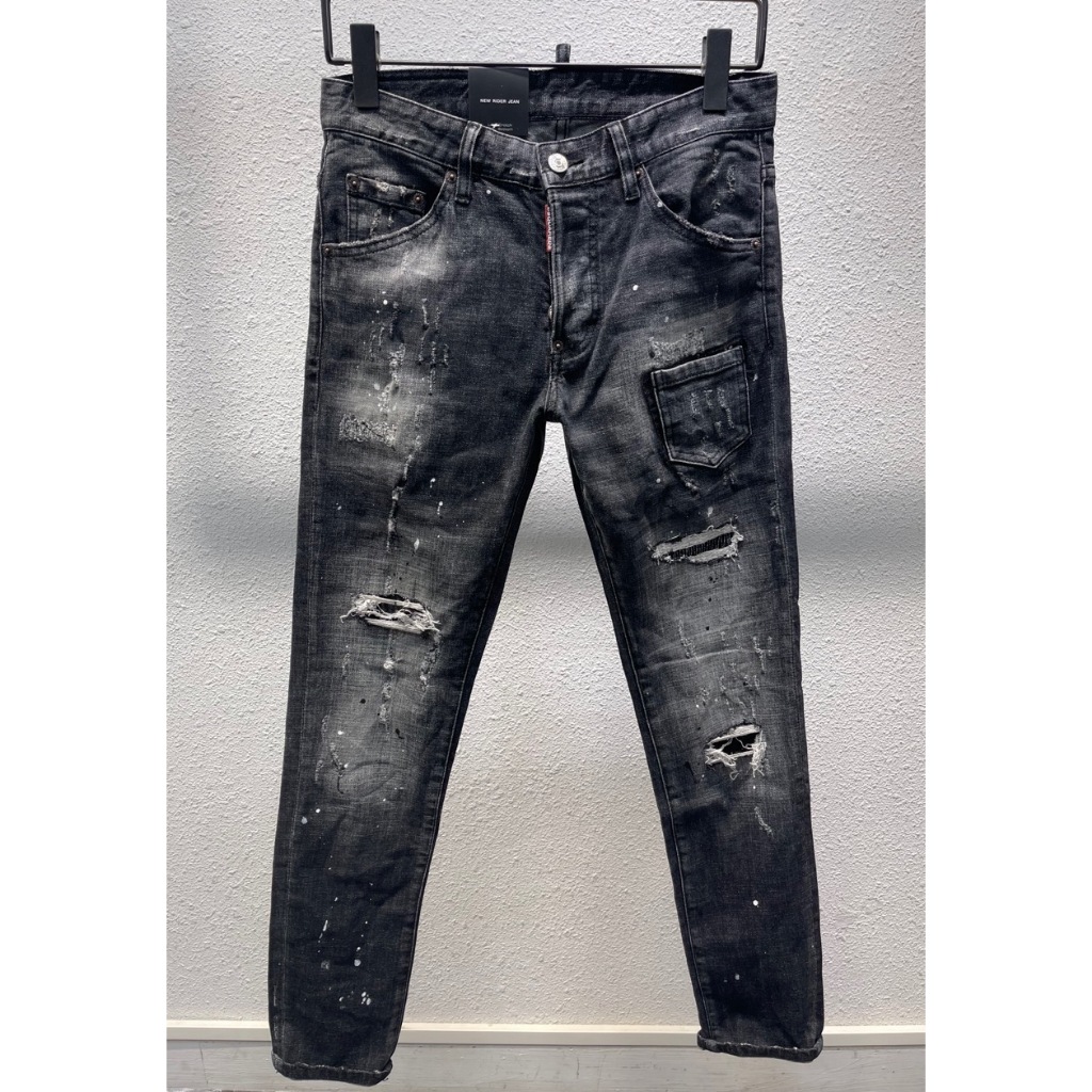 Celana Jeans Pria DSQUARED2 Celana Jeans Robek Serbaguna Slim Fit Personalisasi Retro Hitam Celana J