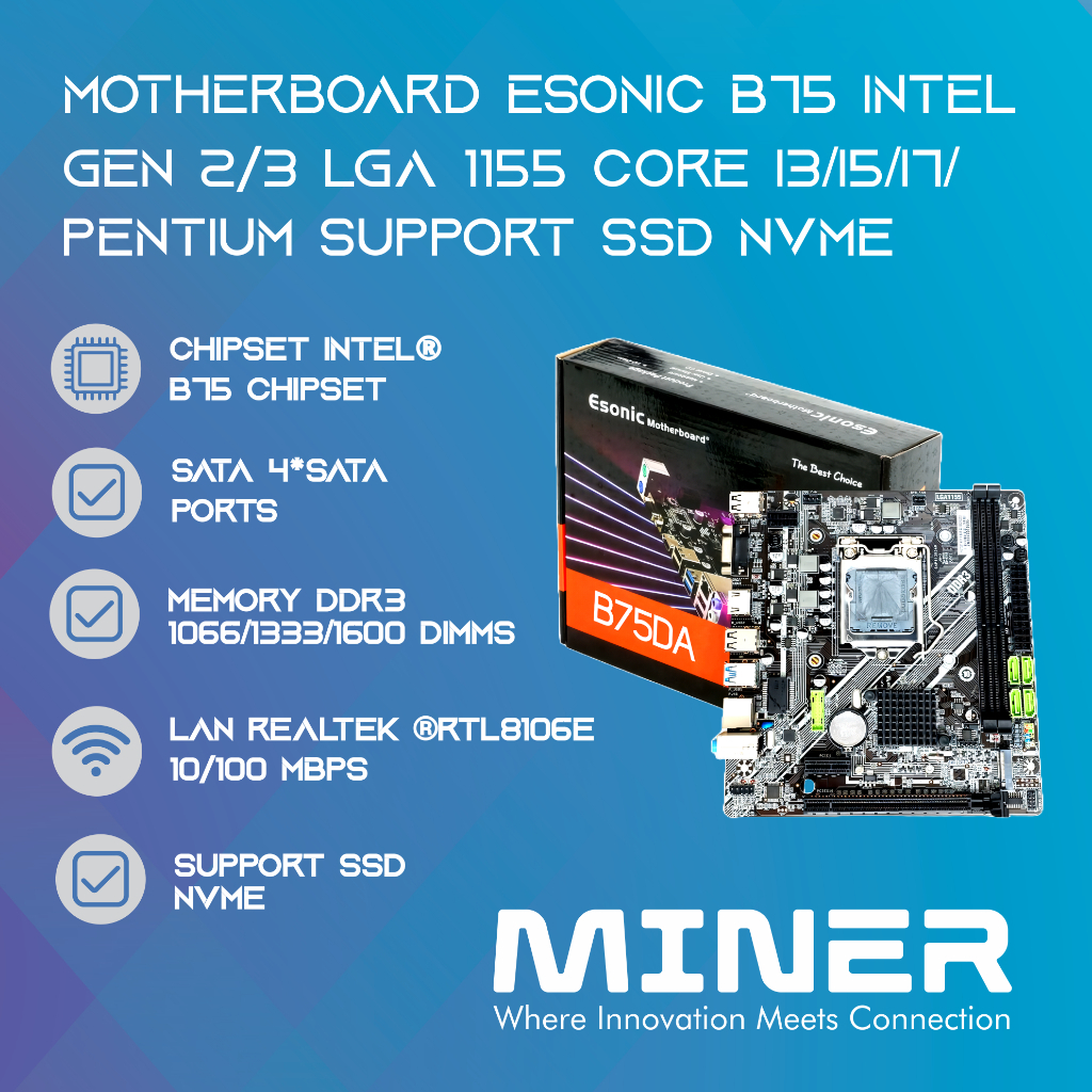 Motherboard Esonic B75 Intel Gen 2/3 LGA 1155 Core I3/I5/I7/Pentium Support SSD NVME