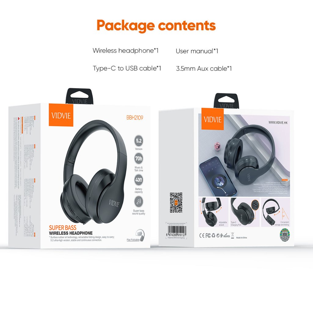VIDVIE Wireless Headphone BBH2109/Bluetooth/Headset/Black