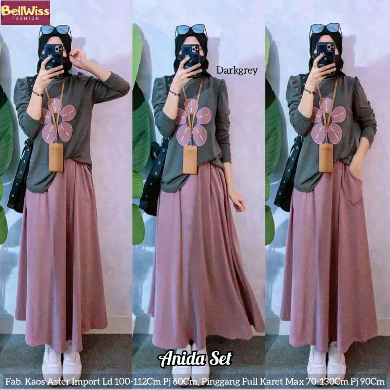 Anida Set Setelan Blouse Jumbo Fit XL Ld112 Kaos Aster Melar Adem  Motif Bunga Daisy Dan Long Skirt 