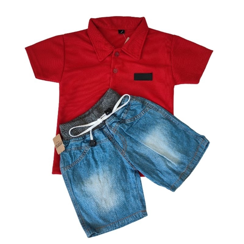 setelan anak laki laki atasan kaos kerah polo shirt merah biru kuning navy bawahan celana pendek jea
