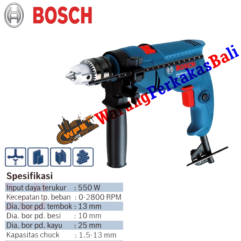 BOSCH Impact Drill 13 mm Mesin Bor Tembok Beton Besi Kayu GSB 550  Bor Tangan Listrik Bolak Balik 13
