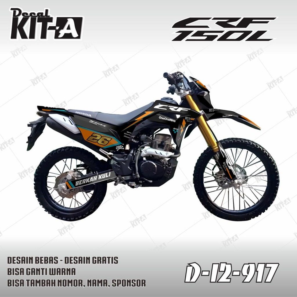 Decal Sticker Motor CRF 150l Design Custom Motif Hitam Orange Lis Tosca D-I2-917