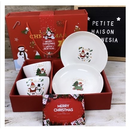 

paket hampers mangkok dan piring mini natal keramik pakai tas / christmas gift bowl plate set paket hadiah natal keramik pakai t