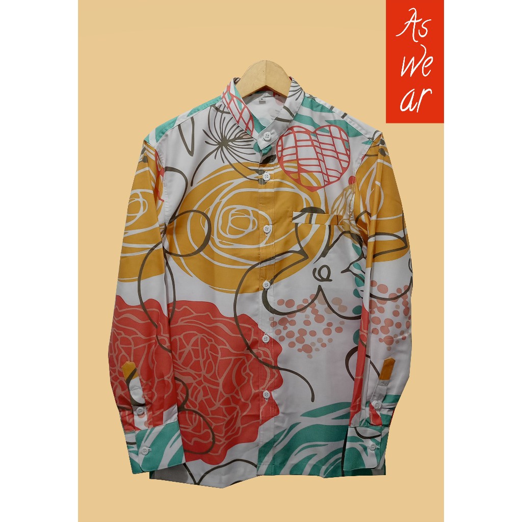 Koko Kemeja Pria Lengan Panjang Kerah Sanghai  Putih Motif Bunga Abstrak Size S M L XL XXL 3XL 4XL A