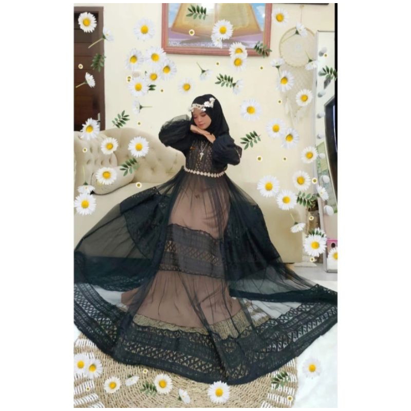 GAMIS RAINA PREMIUM WARNA HITAM BAHAN BRUKAT TILE PREMIUM