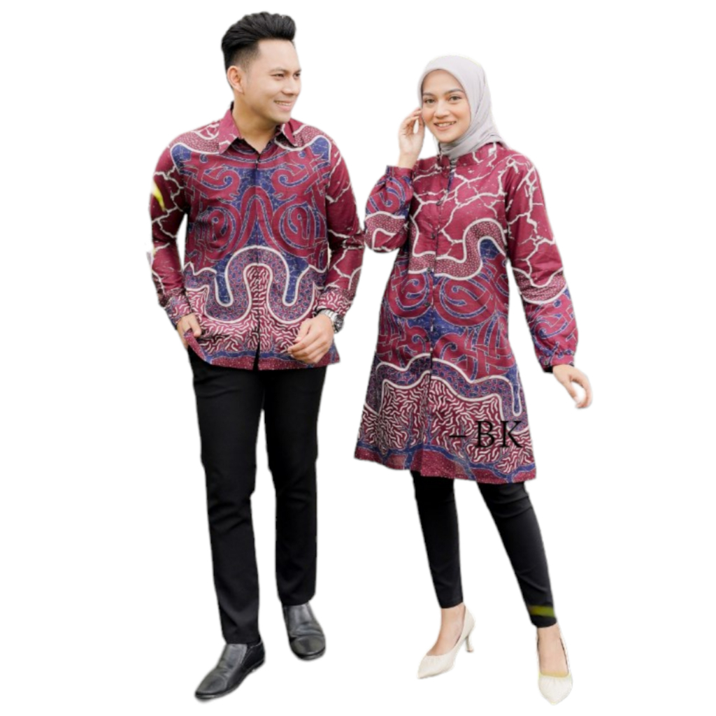 Baju Couple Atasan Kemeja Tunik Batik Motif Asmat Merah Full Kancing Busui Seragam Kerja Kantor Guru