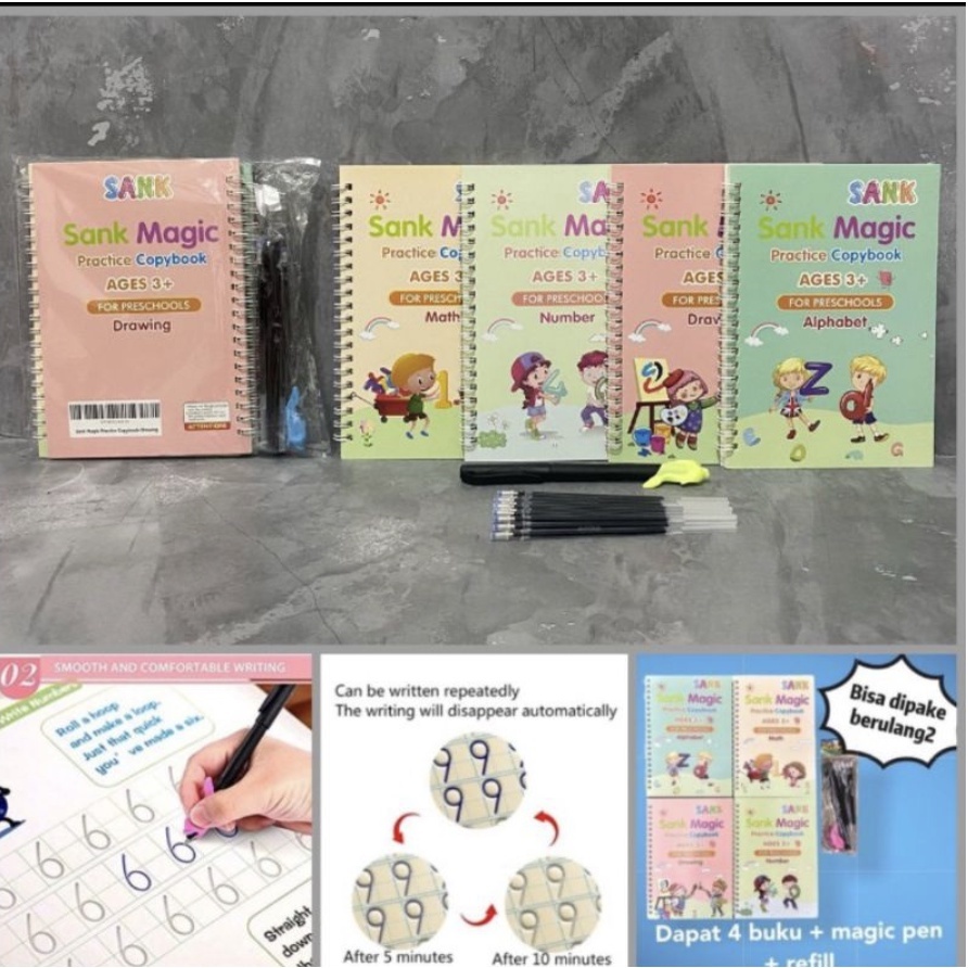 

SANK Magic Practice Book 1 SET ISI 4 BUKU + PULPEN/BUKU AJAIB BISA NGAPUS SENDIRI