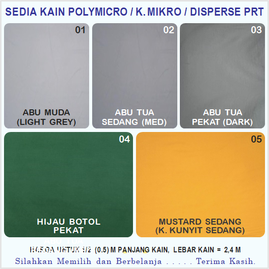 Kain Polymicro Warna ABU MUDA, ABU TUA SEDANG & TUA PEKAT, HIJAU BOTOL dan MUSTARD (KUNING KUNYIT / 