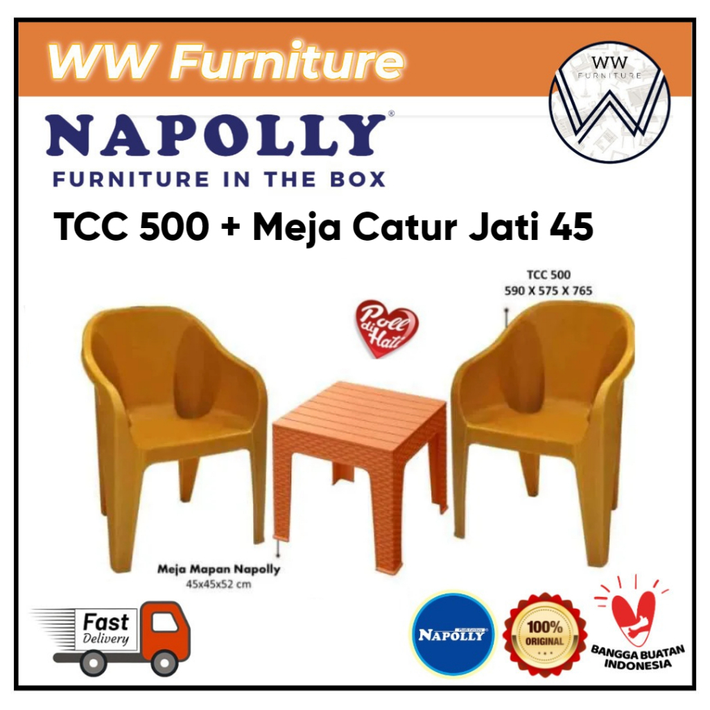 Kursi Plastik Teras Set Meja Catur Napolly TCC500 + Meja Catur 45 Jati Set Kursi Napolly Plastik Kur