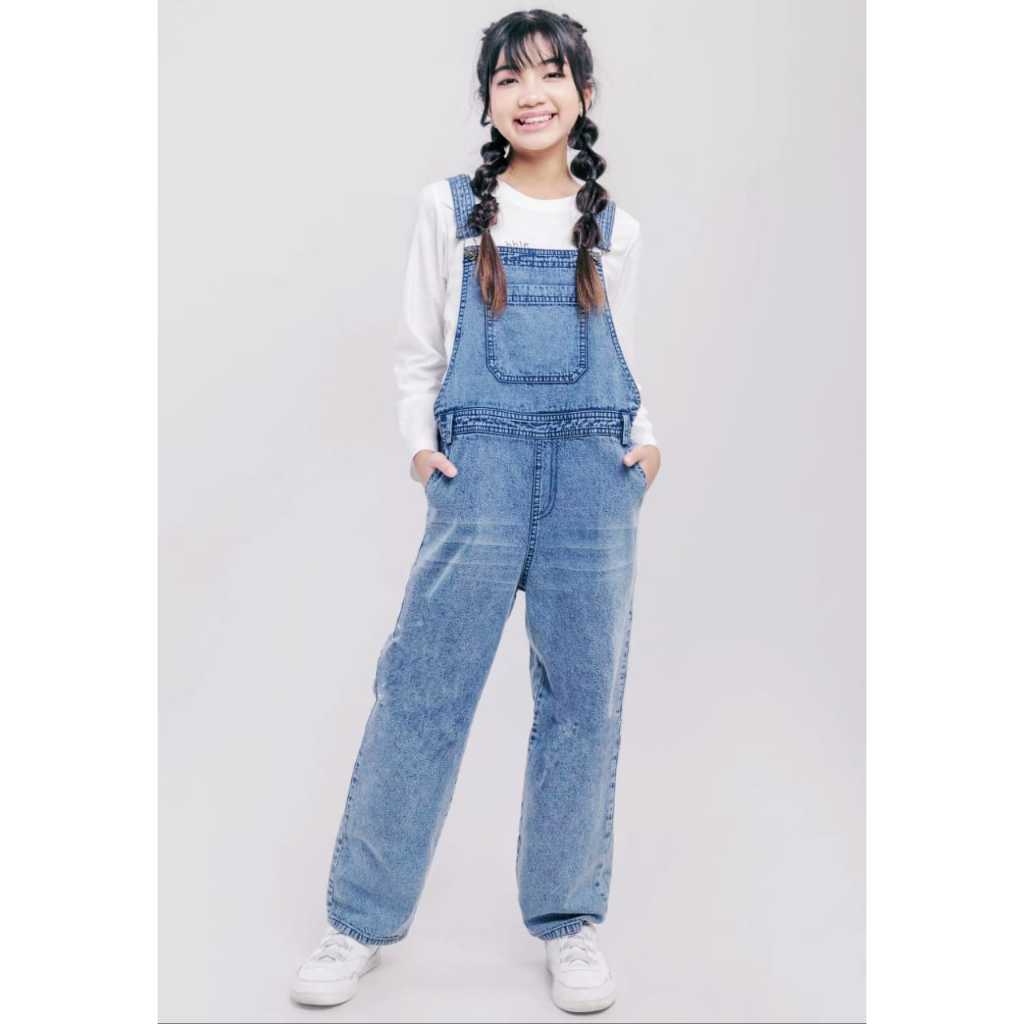 Baju Kodok Jumpsuit Overall Jeans Anak Perempuan Tanggung Usia 8 10 12 Tahun Import Polos Simpel Zip