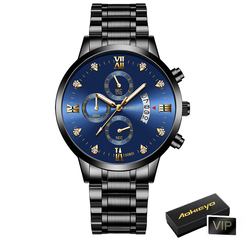 【TERMURAH】AOKEYO 5080 Jam Tangan Pria Anti Air Original Luxury Stainless Steel （Free BOX+Kartu Garansi）-Black Blue-AC2