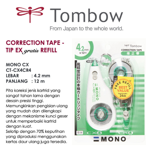 

Tipex Kertas Correction Tape Tombow Mono 4.2mm x 12m CX4 CR4 + Refill