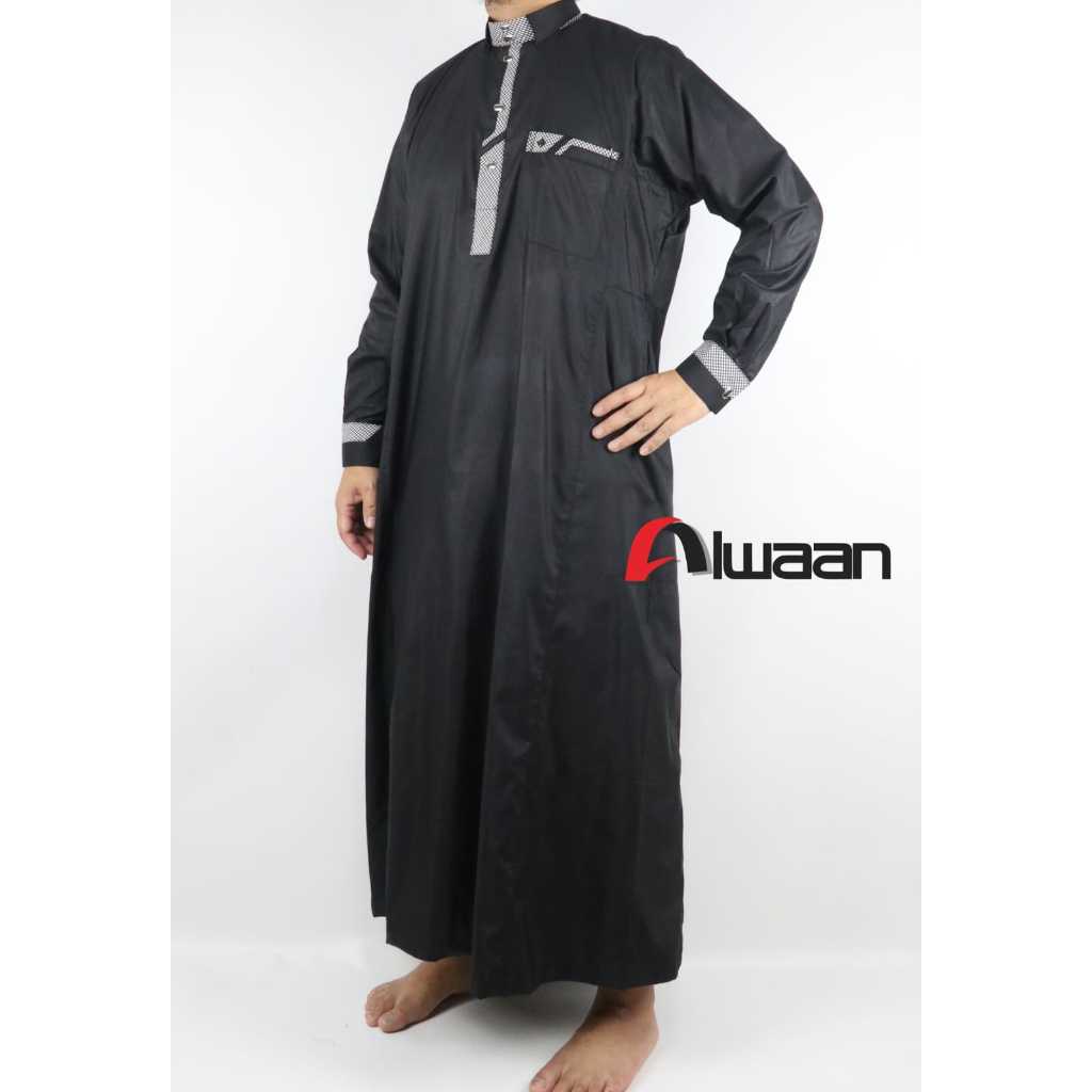 Baju/pakaian muslim pria koko gamis jubah dewasa ALWAAN/ATTALWIN JD053 MANSET warna HITAM/black