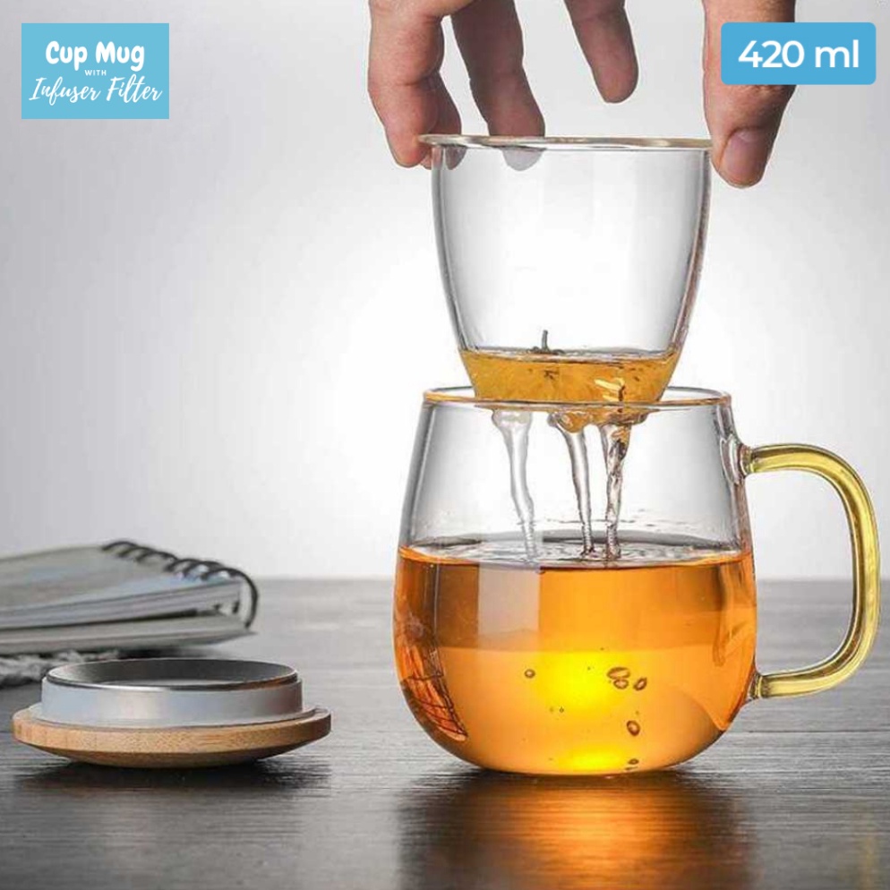 Suplier1Aa1A9 Gelas Teh dengan Saringan dan Tutup Gelas Seduh Rempah