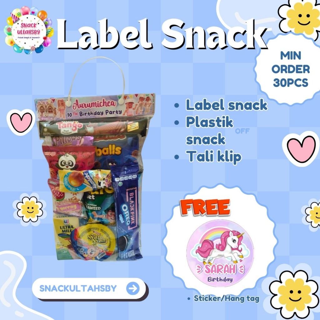 

Label Snack Ulang Tahun Custom (LABEL+TALI(KLIP/WARNA+PLASTIK)FREE STICKER NASI 6CM