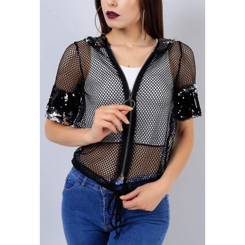 Glamy glitter top / hoodie glitter manik / baju jaring / hoodie jaring