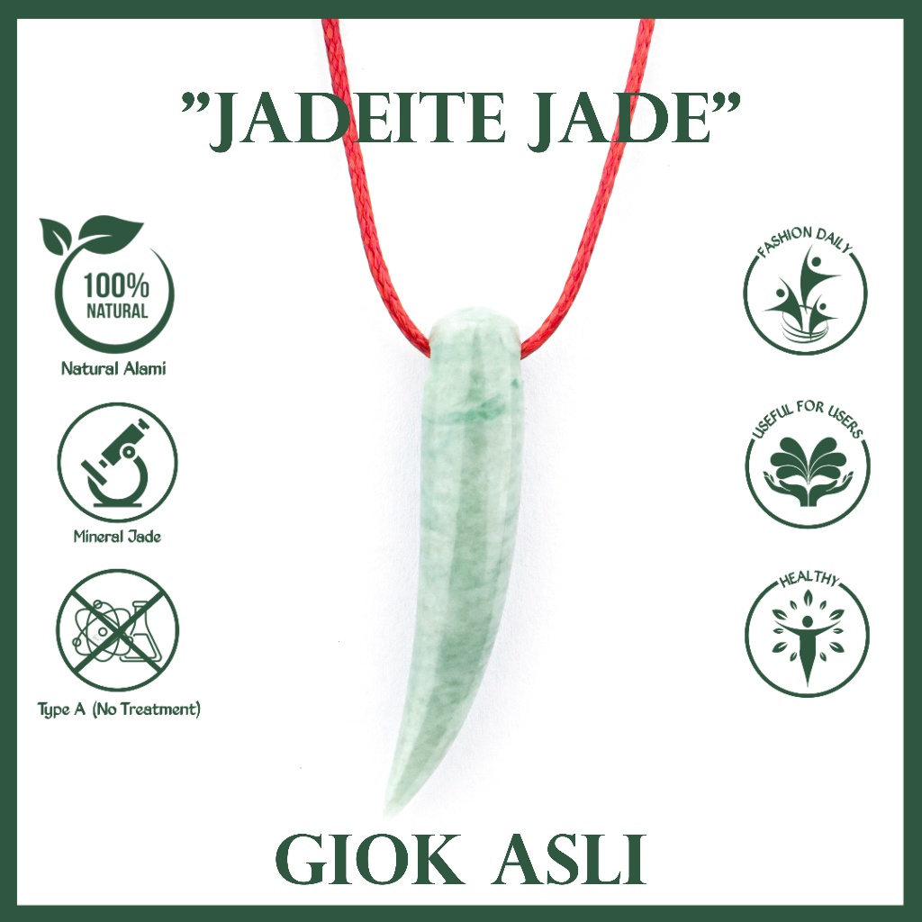 Liontin Giok Hijau Tali Merah Model Taring Gading Kalung Jade Asli