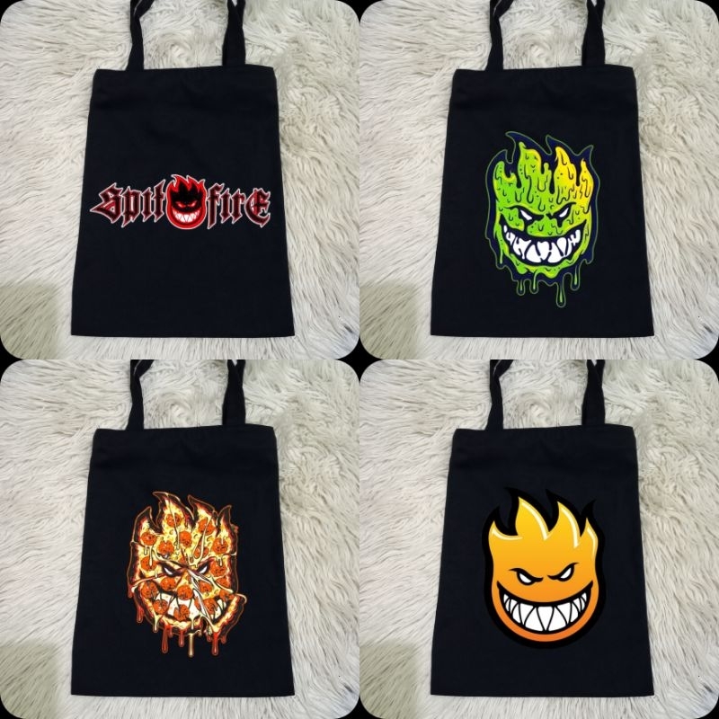 Totebag Hitam Distro Spit Fire 100% Kanvas Premium / Tas Jinjing Distro Spit Fire / Tas Belanja Moti