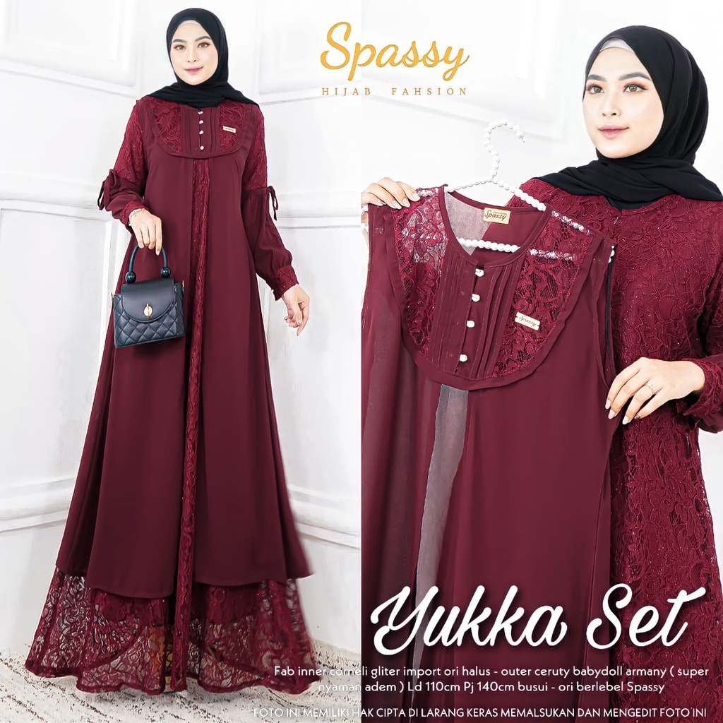 Yukka Set Ori by Spassy Gamis Maxi Dress Bahan Brokat Cornelli Setelan Outer Ceruti LD 110 PB 140