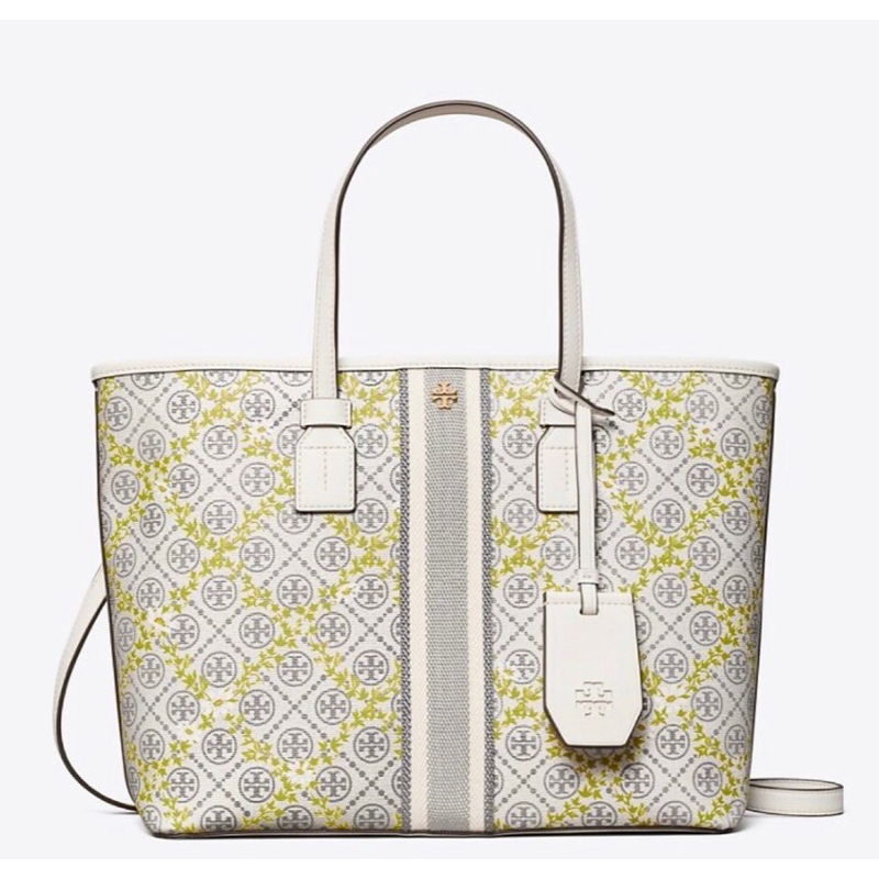 TORY BURCH T MONOGRAM FLORAL VINE SMALL TOP-ZIP TOTE BAG IVORY MONOGRAM VINE