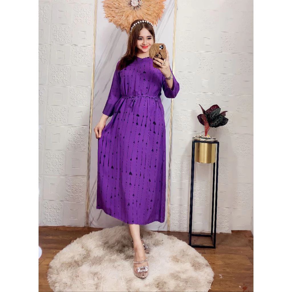 Midi Dress Rayon Motif Bunga Kecil Terbaru Premium Kekinian Busui Lengan Panjang