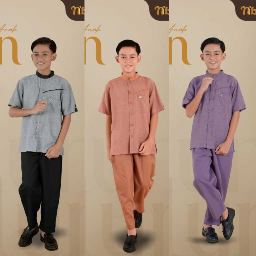 SETELAN KEMEJA KOKO ANAK LENGAN PENDEK ABU ABU UNGU TERBARU // SARIMBIT NIBRAS RYYA SERIES BELYN BLA