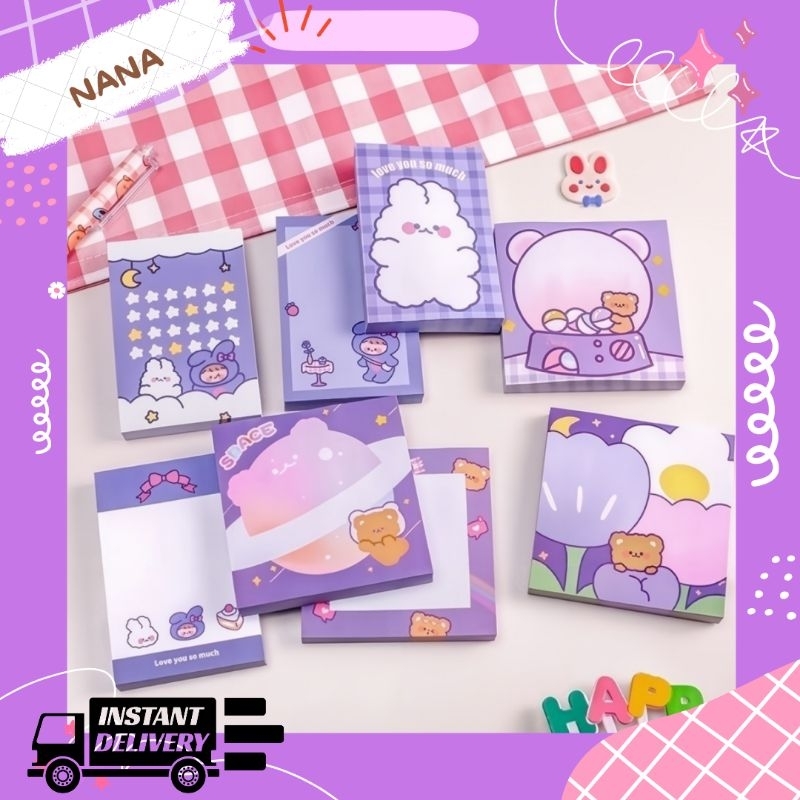 

STICKY NOTE INS AESTHETIC MEMO PAD PUPLE ,PINK ,BLUE CARTOON CUTE KAWAII RT68